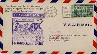 Image: airmail flight cover: Pan American World Airways, first airmail flight, FAM-18, New York - Barcelona route