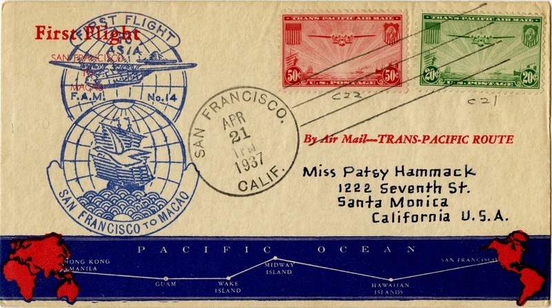 Image: airmail flight cover: FAM-14, first scheduled airmail flight, San Francisco - Macao route