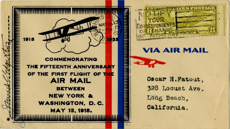 Image: airmail flight cover: 15th Anniversary, first airmail flight, New York - Washington, DC route