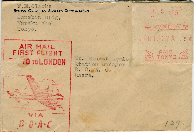Image: airmail flight cover: BOAC (British Overseas Airways Corporation), Tokyo - London route