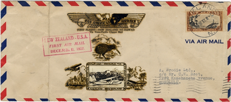 Image: airmail flight cover: Pan American Airways, first airmail flight, New Zealand - United States route