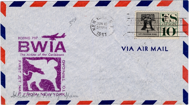 Airmail flight cover: BWIA (British West Indies Airways), Boeing 707, New York - Trinidad route