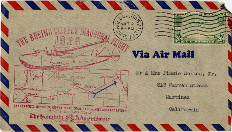 Image: airmail flight cover: Pan American Airways, Boeing 314 Clipper inaugural flight, San Francisco - Honolulu route