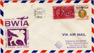 Image: airmail flight cover: BWIA (British West Indies Airways), Boeing 707, New York - Trinidad route