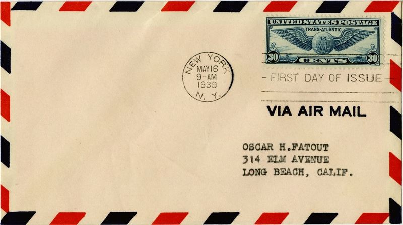 Image: airmail flight cover: First day of issue, Transatlantic airmail stamp