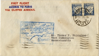 Image: airmail flight cover: First airmail flight, Azores - Paris route