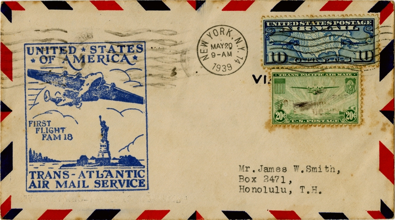 Image: airmail flight cover: FAM-18, first airmail flight, Transatlantic Air Mail Service