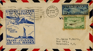 Image: airmail flight cover: FAM-18, first airmail flight, Transatlantic Air Mail Service