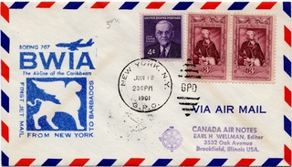 Image: airmail flight cover: BWIA (British West Indies Airways), Boeing 707, New York - Barbados route