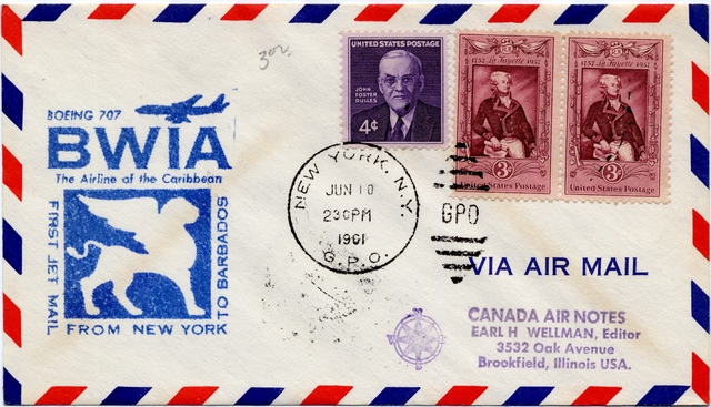 Airmail flight cover: BWIA (British West Indies Airways), Boeing 707, New York - Barbados route