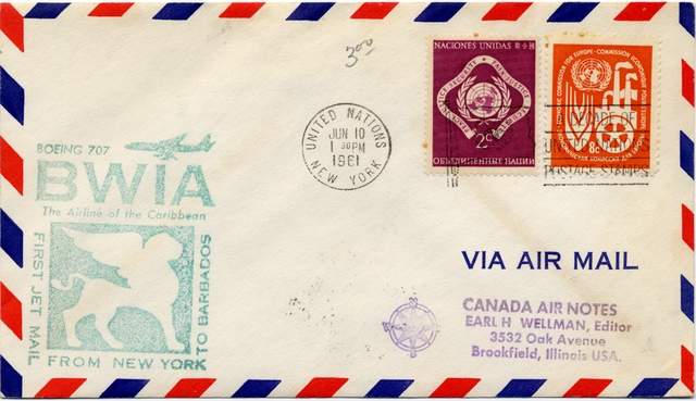 Airmail flight cover: BWIA (British West Indies Airways), Boeing 707, New York - Barbados route