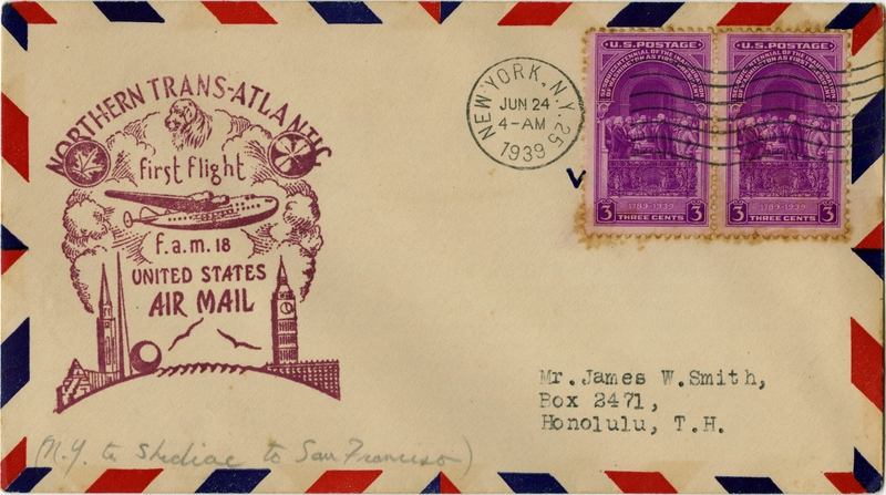 Image: airmail flight cover: FAM-18, first airmail flight, Transatlantic Air Mail Service