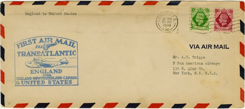 Image: airmail flight cover: Pan American Airways, first Transatlantic air mail service, London - New York route