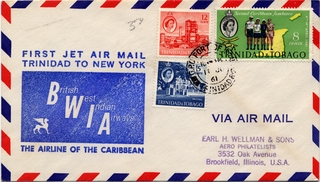 Image: airmail flight cover: BWIA (British West Indies Airways), Boeing 707, Trinidad - New York route