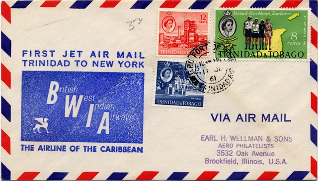 Airmail flight cover: BWIA (British West Indies Airways), Boeing 707, Trinidad - New York route