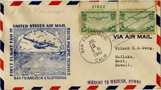 Image: airmail flight cover: United States Air Mail, FAM-19, first airmail flight, San Francisco - Noumea (New Caledonia) route