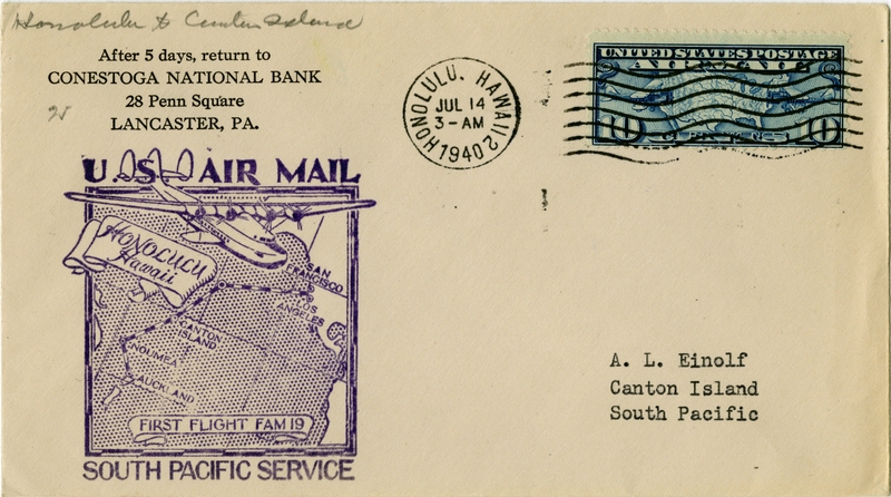 Image: airmail flight cover: United States Air Mail, FAM-19, first airmail flight, Honolulu - Canton Island route