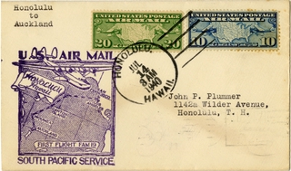Image: airmail flight cover: United States Air Mail, FAM-19, first airmail flight, Honolulu - Auckland route