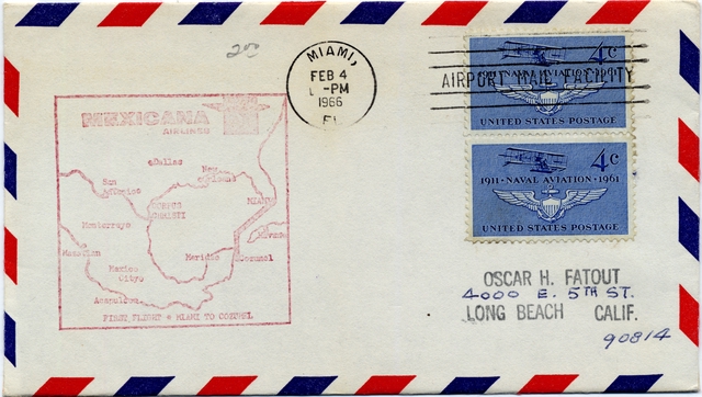 Airmail flight cover: Mexicana Airlines, Miami - Cozumel route