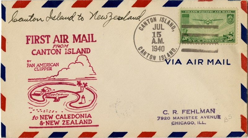 Image: airmail flight cover: Pan American Airways, first airmail flight, Canton Island - New Zealand route