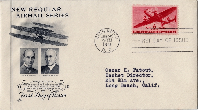 Image: airmail flight cover: New regular airmail series, Wright Brothers, first day of issue for the 6-cent airmail stamp
