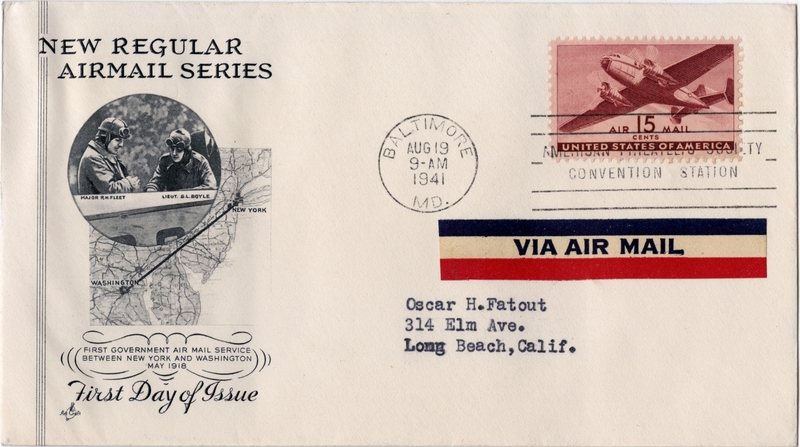 Image: airmail flight cover: New regular airmail series, first day of issue for the 15-cent airmail stamp