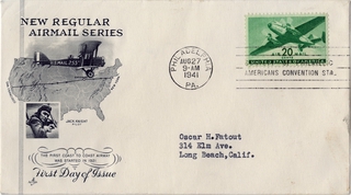Image: airmail flight cover: New regular airmail series, first day of issue for the 20-cent airmail stamp