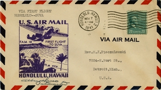 Image: airmail flight cover: United States Air Mail, first airmail flight, FAM-19, Honolulu - Suva (Fiji) route