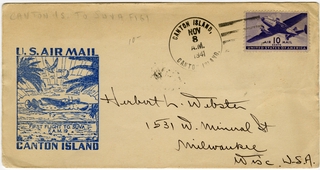 Image: airmail flight cover: United States Air Mail, first airmail flight, FAM-19, Canton Island - Suva (Fiji) route