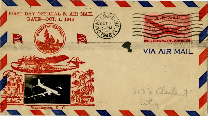 Image: airmail flight cover: United States Air Mail, first day cover, 5-cent air mail rate