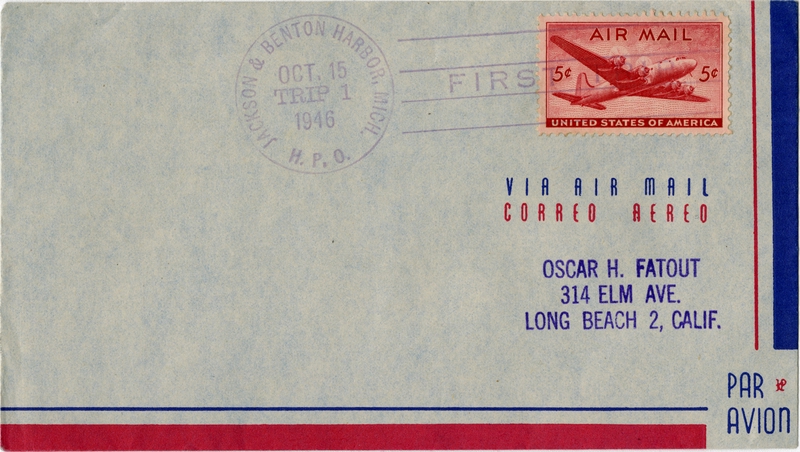 Image: airmail flight cover: United States Air Mail, Jackson & Benton Harbor, Michigan