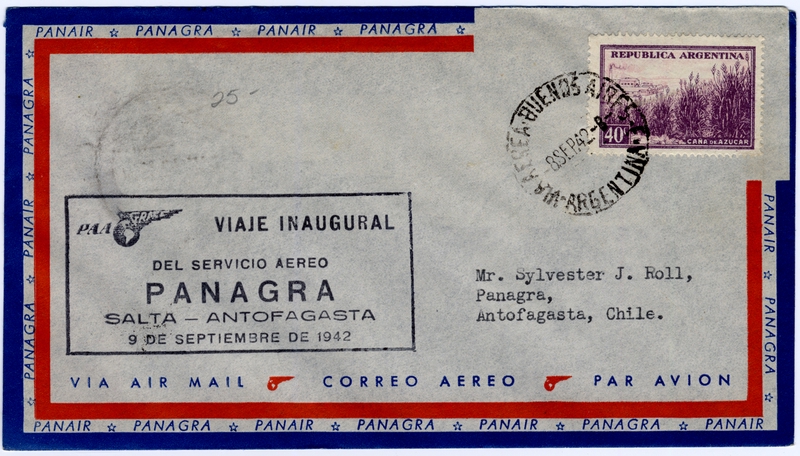 Image: airmail flight cover: Panagra (Pan American-Grace Airways), first flight, Salta - Antofagasta route