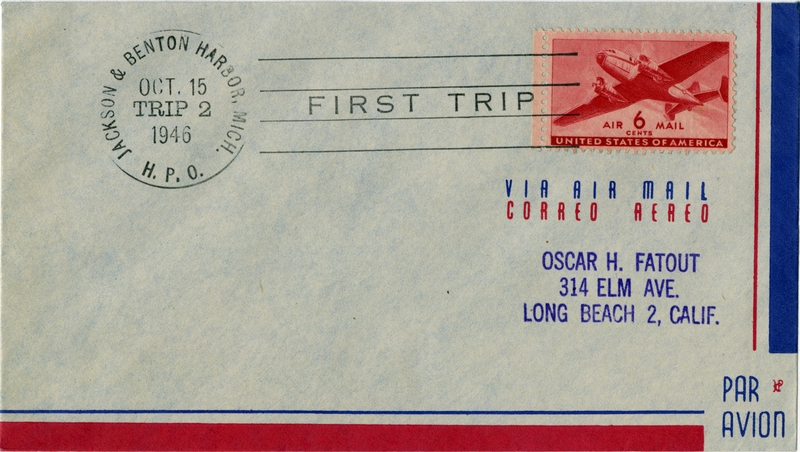 Image: airmail flight cover: United States Air Mail, Jackson & Benton Harbor, Michigan