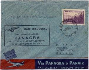 Image: airmail flight cover: Panagra o Panair (Pan American-Grace Airways), first flight, Salta - Antofagasta route