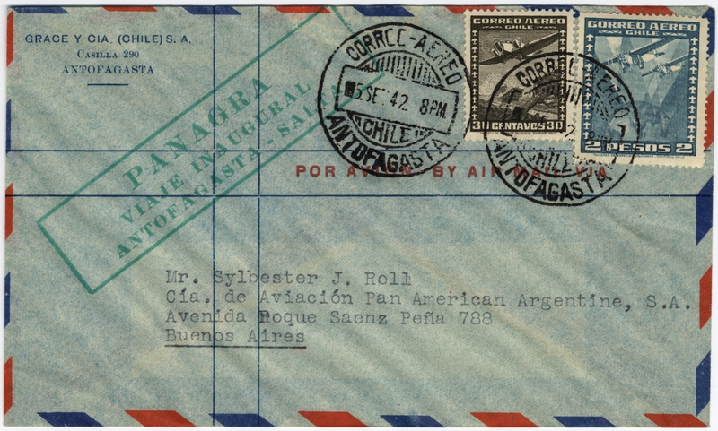 Image: airmail flight cover: Panagra (Pan American-Grace Airways), first flight, Antofagasta - Salta route