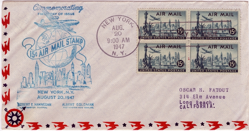 Image: airmail flight cover: First day of issue, 15-Cent Air Mail Stamp