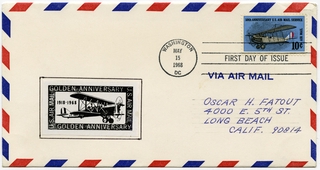 Image: airmail flight cover: United States Air Mail Service, 50th Anniversary