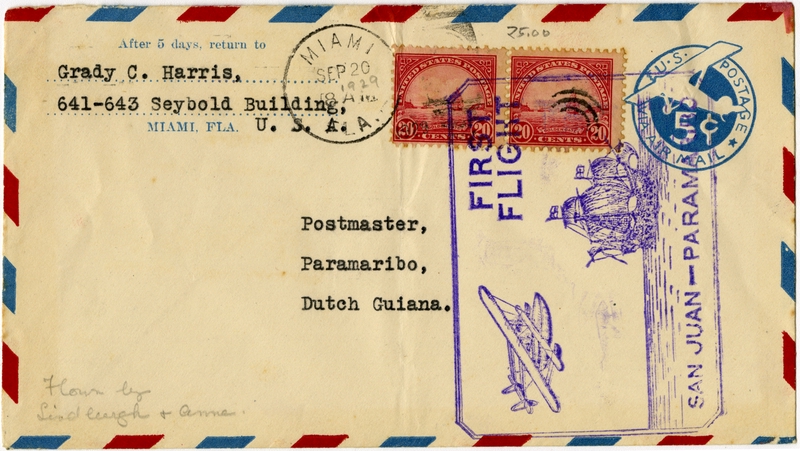 Image: airmail flight cover: First flight, San Juan - Paramaribo route