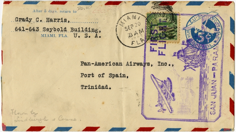 Image: airmail flight cover: First flight, San Juan - Paramaribo route