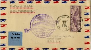 Image: airmail flight cover: Pan American Airways, first flight, American Clipper, Charles Lindbergh, Miami - Barranquilla route