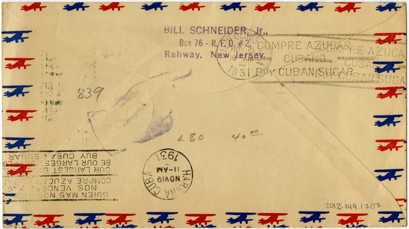 Image: airmail flight cover: Pan American Airways, first flight, American Clipper, Charles Lindbergh, Miami - Barranquilla route
