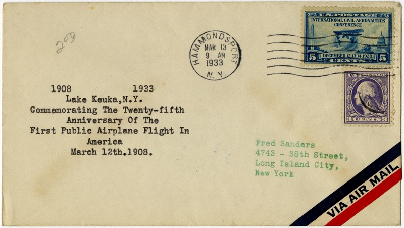 Image: airmail flight cover: United States Air Mail, 25th anniversary of first flight, Lake Keuka, New York