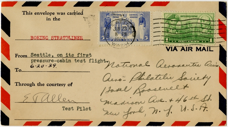 Image: airmail flight cover: Boeing 307 Stratoliner, first pressure-cabin test flight