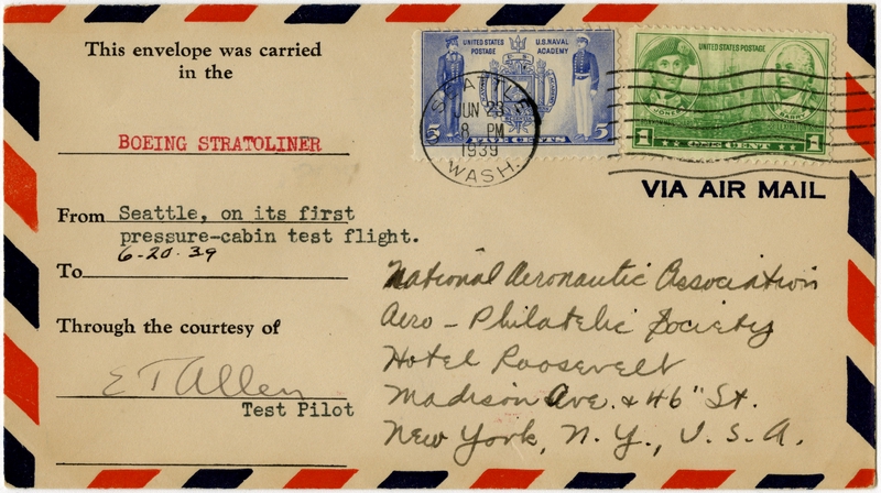 Image: airmail flight cover: Boeing 307 Stratoliner, first pressure-cabin test flight