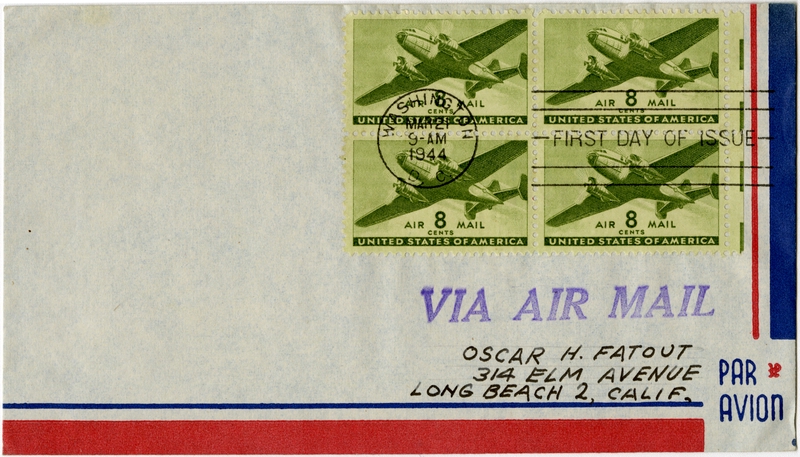 Image: airmail flight cover: First Day of Issue, 8-Cent Air Mail Stamp
