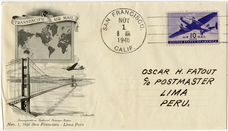 Image: airmail flight cover: United States Air Mail, Reduced foreign rates, San Francisco - Peru route