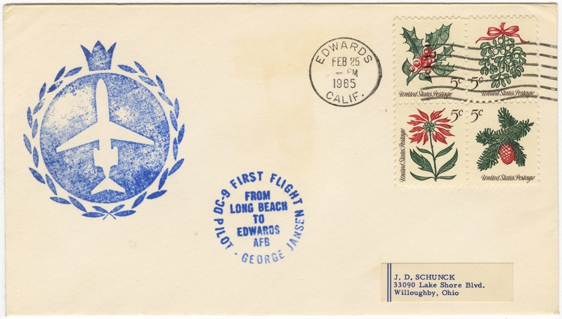 Image: airmail flight cover: Douglas DC-9, Long Beach - Edwards Air Force Base