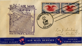 Image: airmail flight cover: United States Air Mail, FAM-19, first airmail flight, Honolulu - Canton Island route