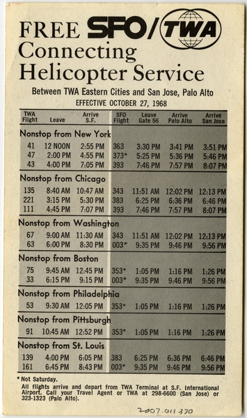 Image: timetable: TWA (Trans World Airlines), pocket SFO Helicopter service