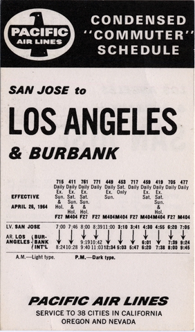 Timetable: Pacific Air Lines, condensed schedule, San Jose / Los Angeles / Burbank